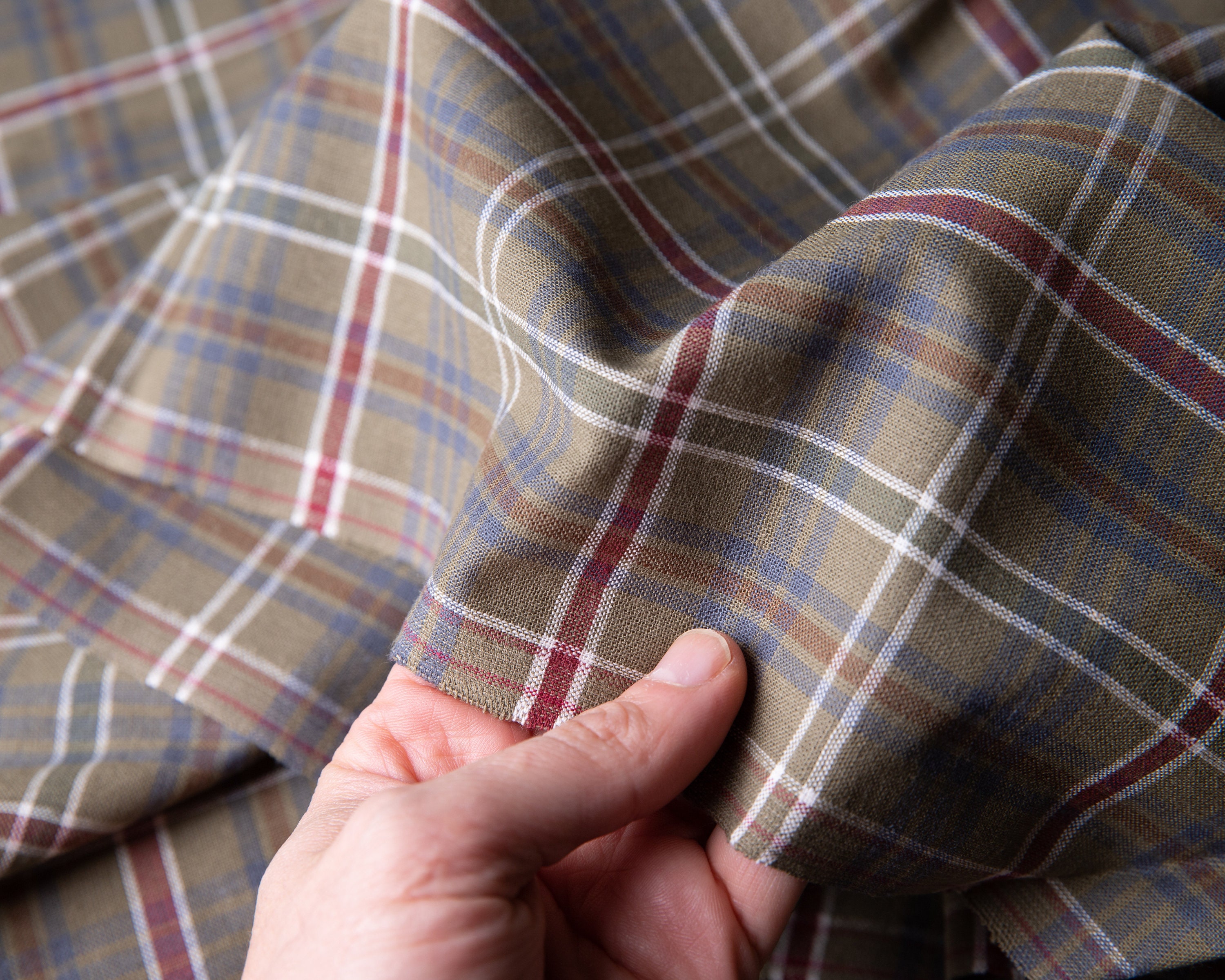 Plaid Fabric - by the yard, Vintage Lightweight Cotton Fabric, Army Green and Red, Rustic Supplies, Cottage Autumn Fall