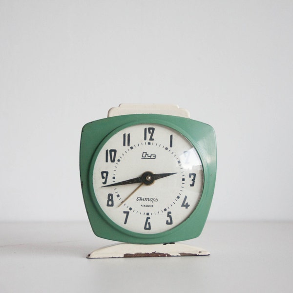 Petrol Green Clock, Soviet Alarm Clock, Jantar Soviet Union Home Decor Desk Clock, Office Decor, White and Gree
