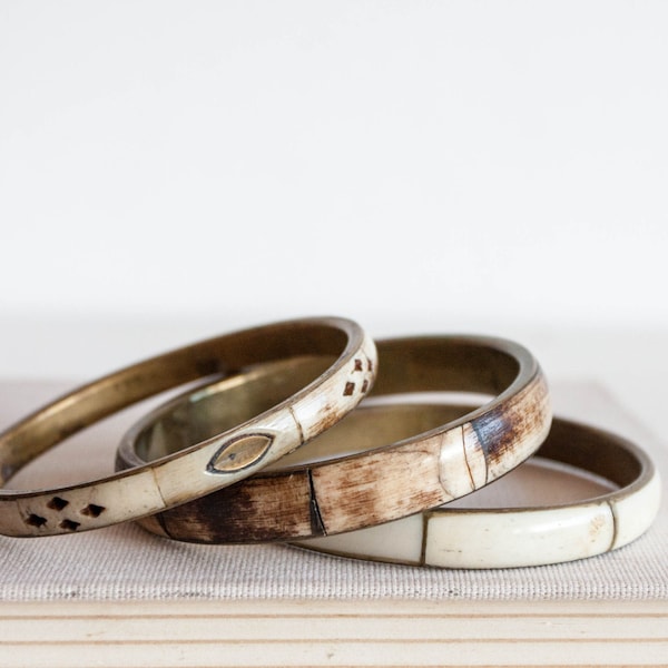 Vintage Bracelets - Set of 3, Bronze and Bones Bracelet, Metal Bangle, Retro Jewelry, Ivory