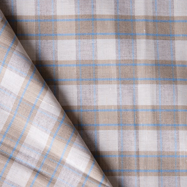 Plaid Fabric Linen and Cotton - by the yard, Vintage Plaid Fabric, Beige, Blue, Plaid Pattern, Sewing Supply Yardage