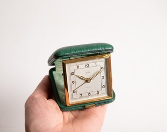 Vintage Travel Clock, Kohler Folding Case Alarm Clock, Made in Germany US-Zone, Emerald Green and Gold, Gift for Man