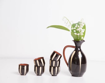 Ceramic Pitcher and Cups, Hand Painted Ceramic Set, Black with White Stripes, Liquoir Pitcher Jug, Set of 6 Cups