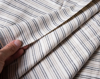 Vintage Striped Linen Cotton Fabric: Black Beige White Earth Tones - By The Yard