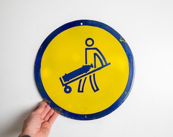 Vintage Enamel Sign - Man Pushing a Pressure Bottle Cart, Labor Safety Warning Sign, Caution 1970s Sign, Yellow and Blue