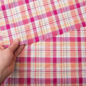 Madras Plaid Fabric - by the yard, Vintage Lightweight Cotton Fabric Deadstock, Sewing Supply Yardage Meter, Pink Orange Blue