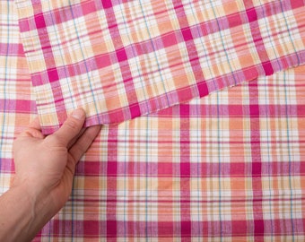 Madras Plaid Fabric - by the yard, Vintage Lightweight Cotton Fabric Deadstock, Sewing Supply Yardage Meter, Pink Orange Blue