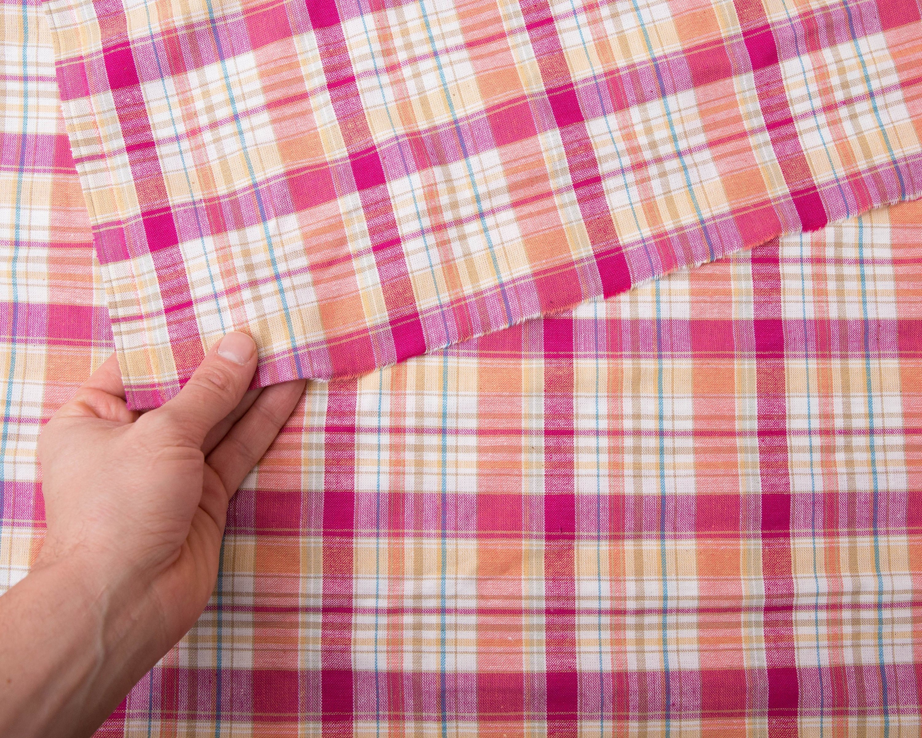 Tela a cuadros Madras - cortada a medida, tela de algodón ligera vintage Deadstock, medidor de yardas de suministro de costura, azul naranja rosa