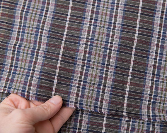 Vintage Plaid Fabric - by the yard, Green Blue Black White Red Weave, Vintage Cotton Fabric, Face Mask Fabric