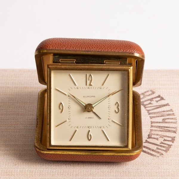 Horloge de voyage vintage, réveil avec étui pliant Europe, horloge de poche allemande avec étui beige, décoration de bureau rétro