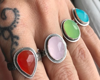 Chalcedony Rings Gemstones Blue Green Pink Red Floral Band