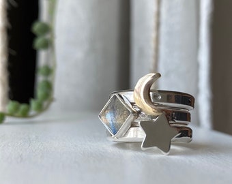 Dreamy Nights Trio Ring Set - Labradorite Moon Star Celestial