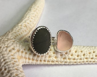 Sea Glass Ring Sz3 to 4 Pink With White Horse Beach Pebble Stone Cape Cod Floating Bezels Sterling Mermaid Tears Ring