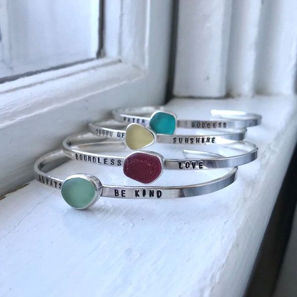 BEST SELLER - Custom Order Sea Glass Quote Stamped Cuff Bracelets