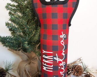 Merry Christmas Wine Bag, neoprene, buffalo plaid, wine bag, gift bag, holiday, farm house, hostess gift, home decor