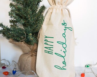 Happy holidays Wine Bag, gift bag, thanksgiving, fall, holiday, gifts, hostess gift, Christmas