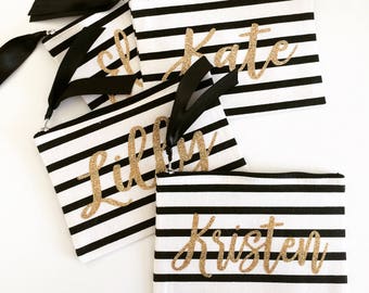 Personalized Makeup bag, cosmetic bag, personalized tote bag, bridesmaid bride gift, custom tote, black white stripe, navy white stripe