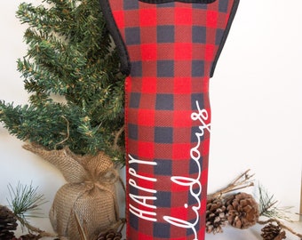 Happy Holidays Wine Bag, neoprene, buffalo plaid, wine bag, gift bag, holiday, farm house, hostess gift, home decor