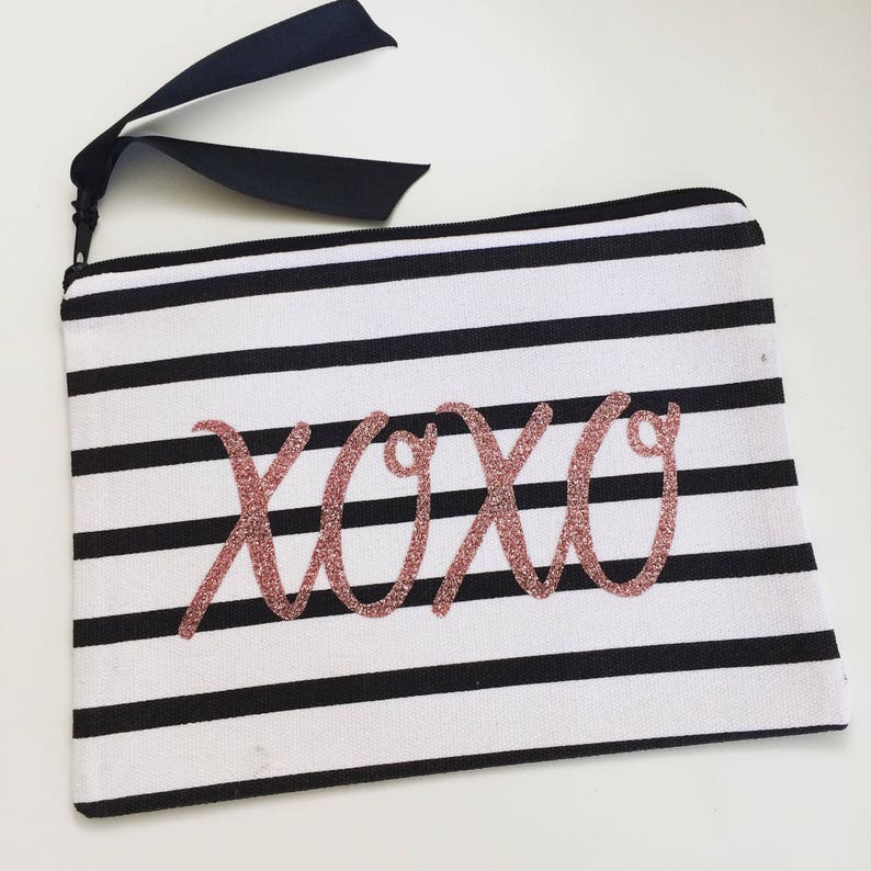 Personalized Makeup bag, cosmetic bag, personalized tote bag, bridesmaid bride gift, custom tote, black white stripe, navy white stripe image 2