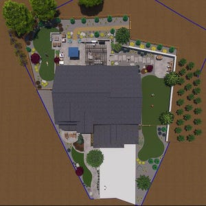 May include: An overhead view of a detailed landscape design plan. The plan features a house with a dark gray roof, a patio with a pergola, a lawn, and various garden beds with trees and shrubs. The design is enclosed within a blue outline.