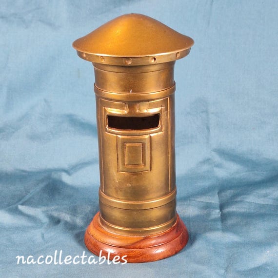 Post Office Box Money Box, Handmade Brass Pillar Bank on Wood Plinth, 1970s Novelty Savings Ornament UK