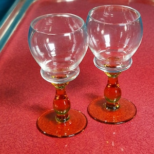 Pair of Vintage Sherry, Aperitif or Liqueur Glasses, Clear Glass with Amber Stems