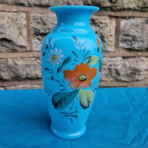 Victorian Blue Glass Vase, Hand Painted Floral Design.
