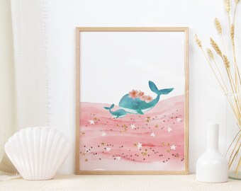 Whale Nursery Print - DIGITAL DOWNLOAD - Pink & Gold - Under the Sea Nursery Decor- Whale Nursery Wall Art - Girls Bedroom Printable