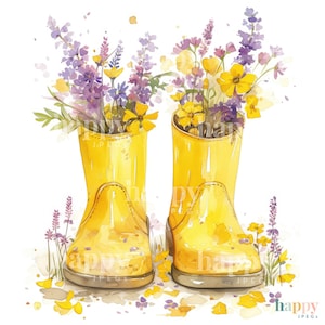 10 Wellies & Flowers Clipart Bundle Printable Watercolour Clipart Gardening Clip Art Digital Download for Card Making, Sublimation image 1