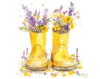 10 Wellies & Flowers Clipart Bundle - Printable Watercolour Clipart - Gardening Clip Art - Digital Download for Card Making, Sublimation