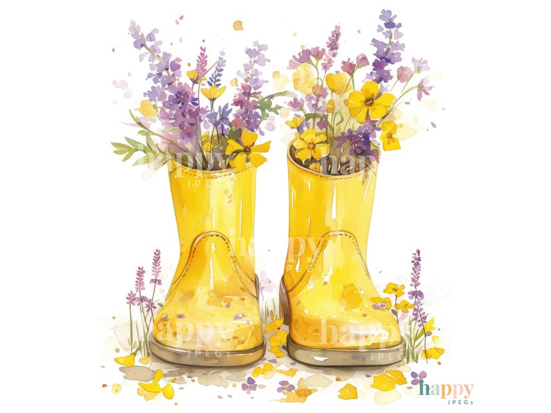10 Wellies & Flowers Clipart Bundle Printable Watercolour Clipart Gardening Clip Art Digital Download for Card Making, Sublimation image 1
