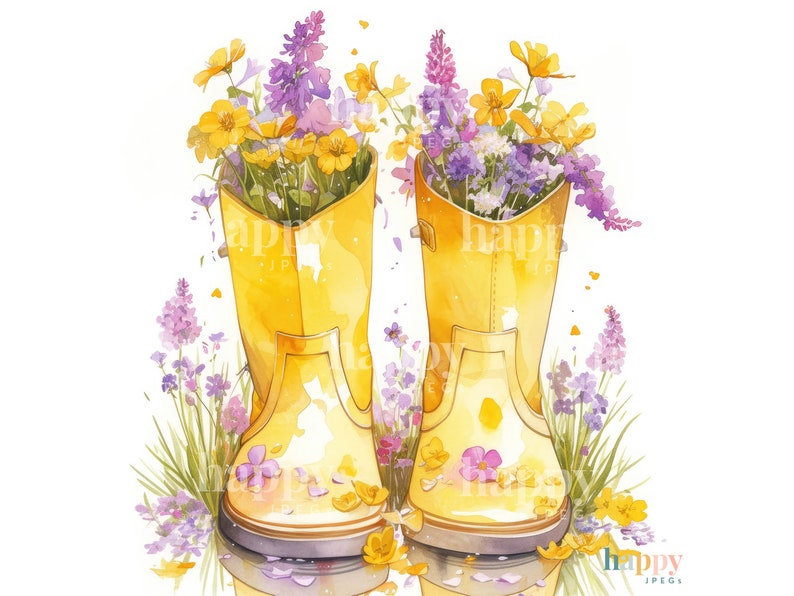 10 Wellies & Flowers Clipart Bundle Printable Watercolour Clipart Gardening Clip Art Digital Download for Card Making, Sublimation image 10