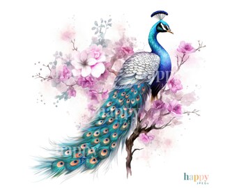 10 Peacock Clipart Bundle - Printable Watercolour Clipart - Floral Peacock JPEGs - Bird Clipart - Card Making, T Shirts, Mugs