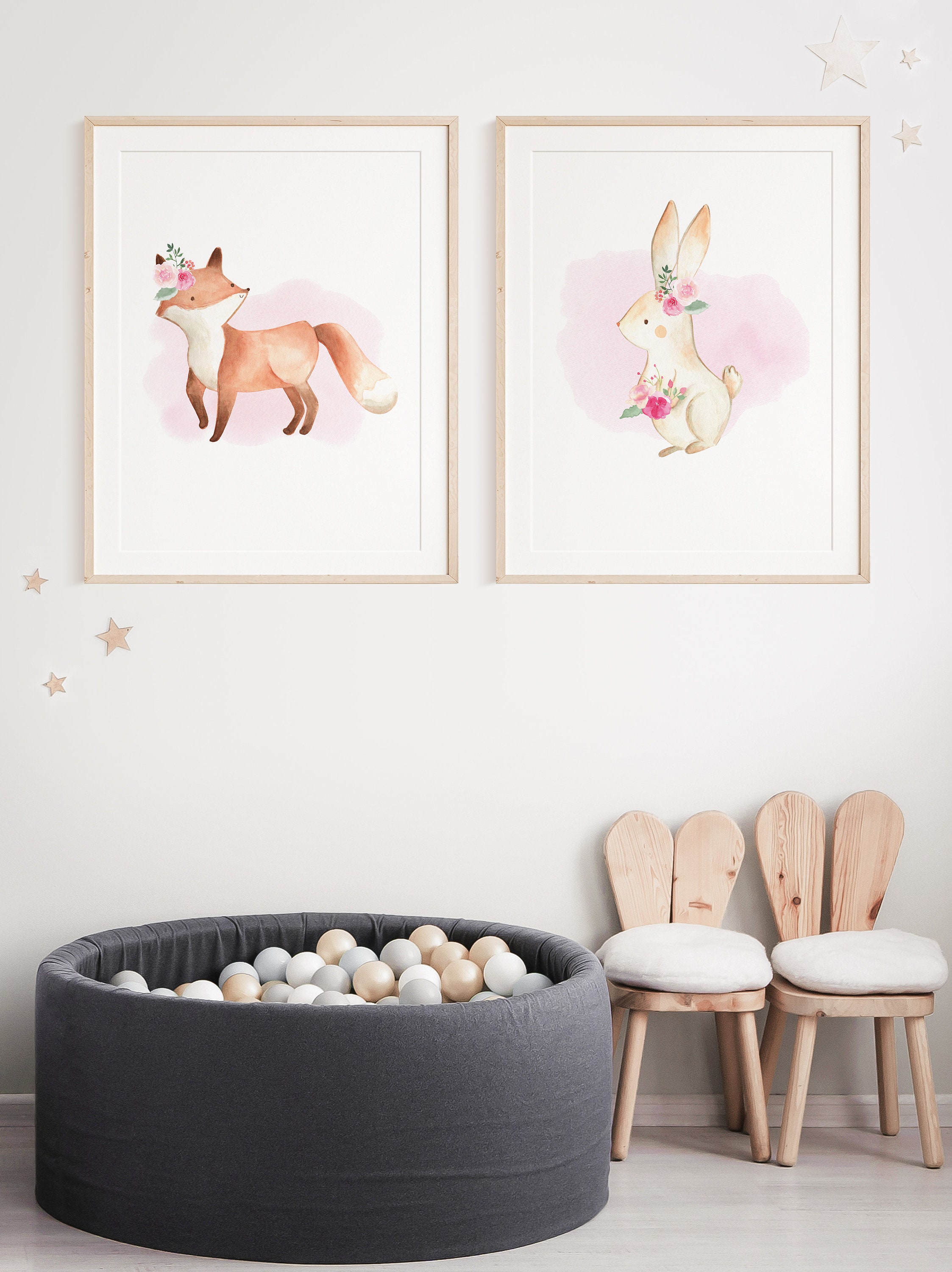Fox Nursery Print Pink Woodland Nursery Decor Watercolour Etsy