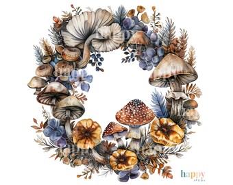 10 Magical Forest Wreath Clipart Bundle - Woodland Wreath - Flowers Clipart - Mushroom Clipart - Printable Watercolour Clipart - Sublimation