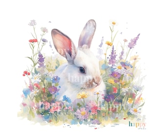 10 Cute Rabbit Clipart Set - Printable Watercolour Clipart Bundle - Bunny Rabbit in a Wildflower Meadow - Spring Clipart JPEG Commercial Use