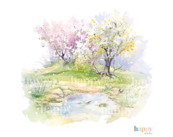 10 Spring Landscape Clipart Bundle - Printable Watercolour Clipart - Cherry Blossom - Digital Download for Card Making, Sublimation