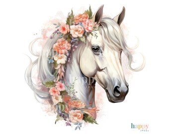 10 Floral Horse Clipart Bundle - Printable Watercolour Clipart - Boho Horse Clipart JPEGs - Card Making - Commercial Use - Horse and Flowers