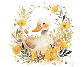 10 Cute Duck Clipart Bundle - Duckling &  Flower Wreath Clipart - Printable Clipart - Watercolour Baby Ducks and Flowers - Card Making