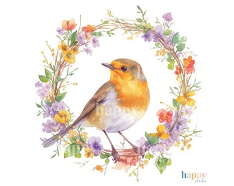 10 Robin in a Wreath Clipart Bundle - Christmas Clipart - Printable Watercolour Clipart - Floral Robin JPEGs - Bird Clipart