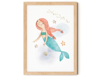 Mermaid Wall Art Printable - DIGITAL DOWNLOAD - Cute Mermaid Nursery Print - Under the Sea Printable - Girls Room Decor - Mermaid Print