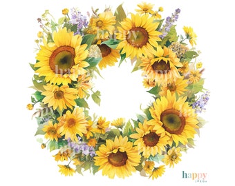 10 Sunflower Wreath Clipart Bundle - Sunflowers Clipart - Yellow Flowers Clipart - Printable Watercolour Clipart - Floral Wreath Clipart