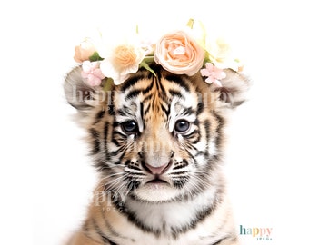 10 Cute Tiger Clipart Set - Tiger in Flower Crown Animal Clipart - Photo Realistic Clipart Bundle - Nursery Wall Art - Baby Shower Clipart