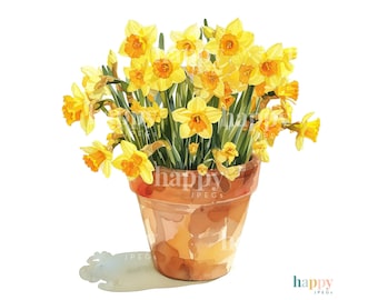 10 Daffodil Clipart Bundle - Printable Watercolour Clipart - Daffodils in Terracotta Pots - Digital Download for Card Making, Sublimation