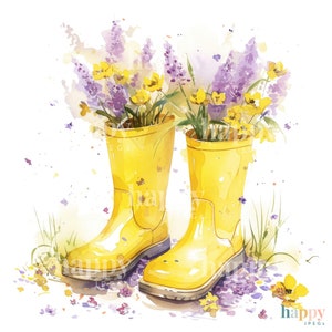 10 Wellies & Flowers Clipart Bundle Printable Watercolour Clipart Gardening Clip Art Digital Download for Card Making, Sublimation image 2