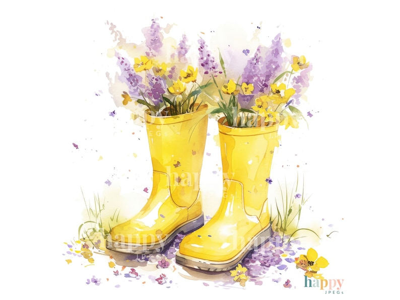 10 Wellies & Flowers Clipart Bundle Printable Watercolour Clipart Gardening Clip Art Digital Download for Card Making, Sublimation image 2