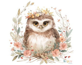 10 Owl in a Wreath Clipart Bundle - Cut Owl Clipart - Printable Watercolour Clipart - Owl JPEGs - Bird Clipart - Flower Clipart