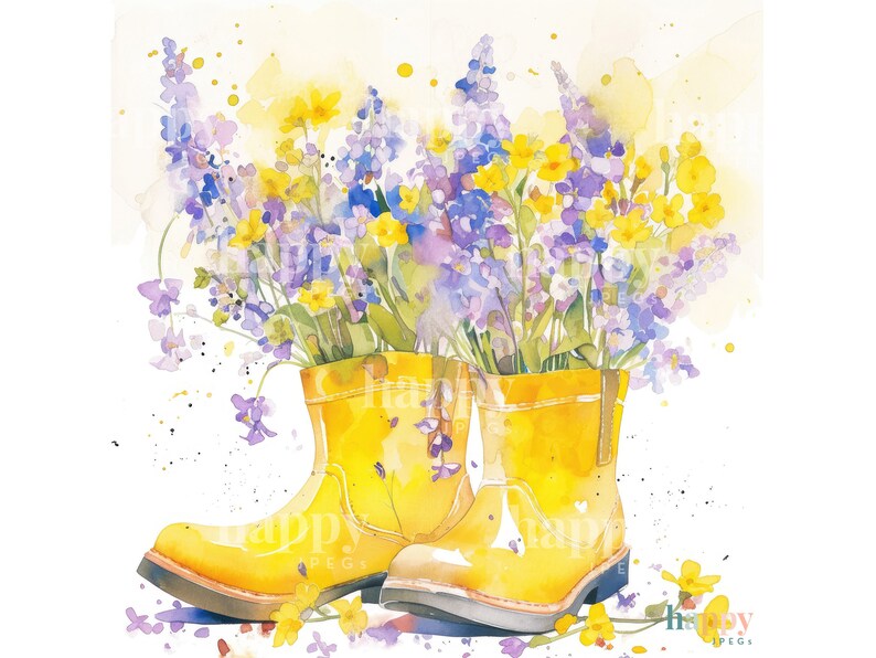 10 Wellies & Flowers Clipart Bundle Printable Watercolour Clipart Gardening Clip Art Digital Download for Card Making, Sublimation image 5