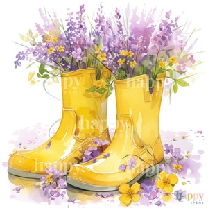 10 Wellies & Flowers Clipart Bundle Printable Watercolour Clipart Gardening Clip Art Digital Download for Card Making, Sublimation image 3