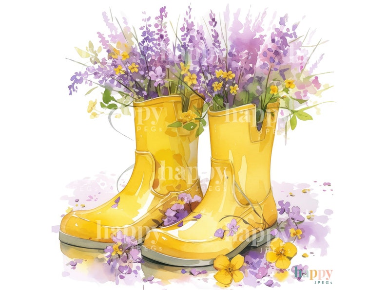 10 Wellies & Flowers Clipart Bundle Printable Watercolour Clipart Gardening Clip Art Digital Download for Card Making, Sublimation image 3