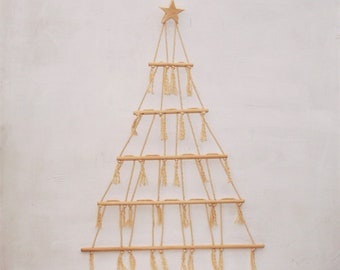 Macrame Scandinavian Holiday Christmas Tree with Star Topper Wall Hung Eco Unbleached Ornament Card Display